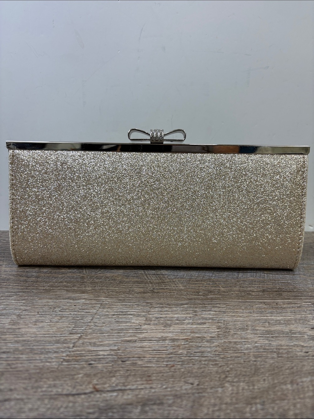 I.N.C. International Concepts Glitter Evening Clutch Champagne Gold Silver Bow